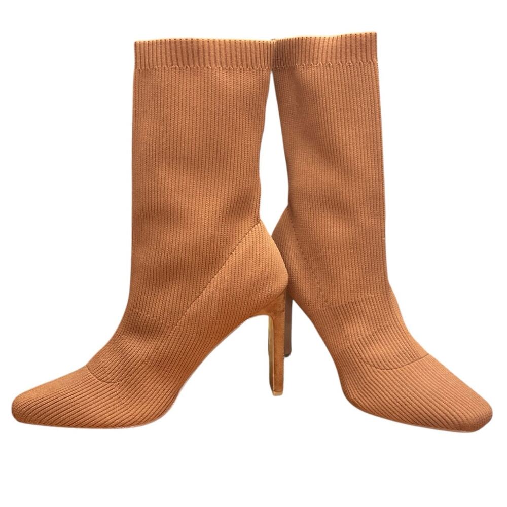 Cuccoo Size 9 1/2 Camel Color Sock Boots Slip On Stretch Square Toe 4” Heel